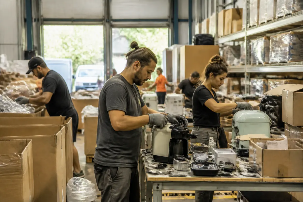 Travailleurs assemblant des appareils électroménagers dans un entrepôt de logistique inverse