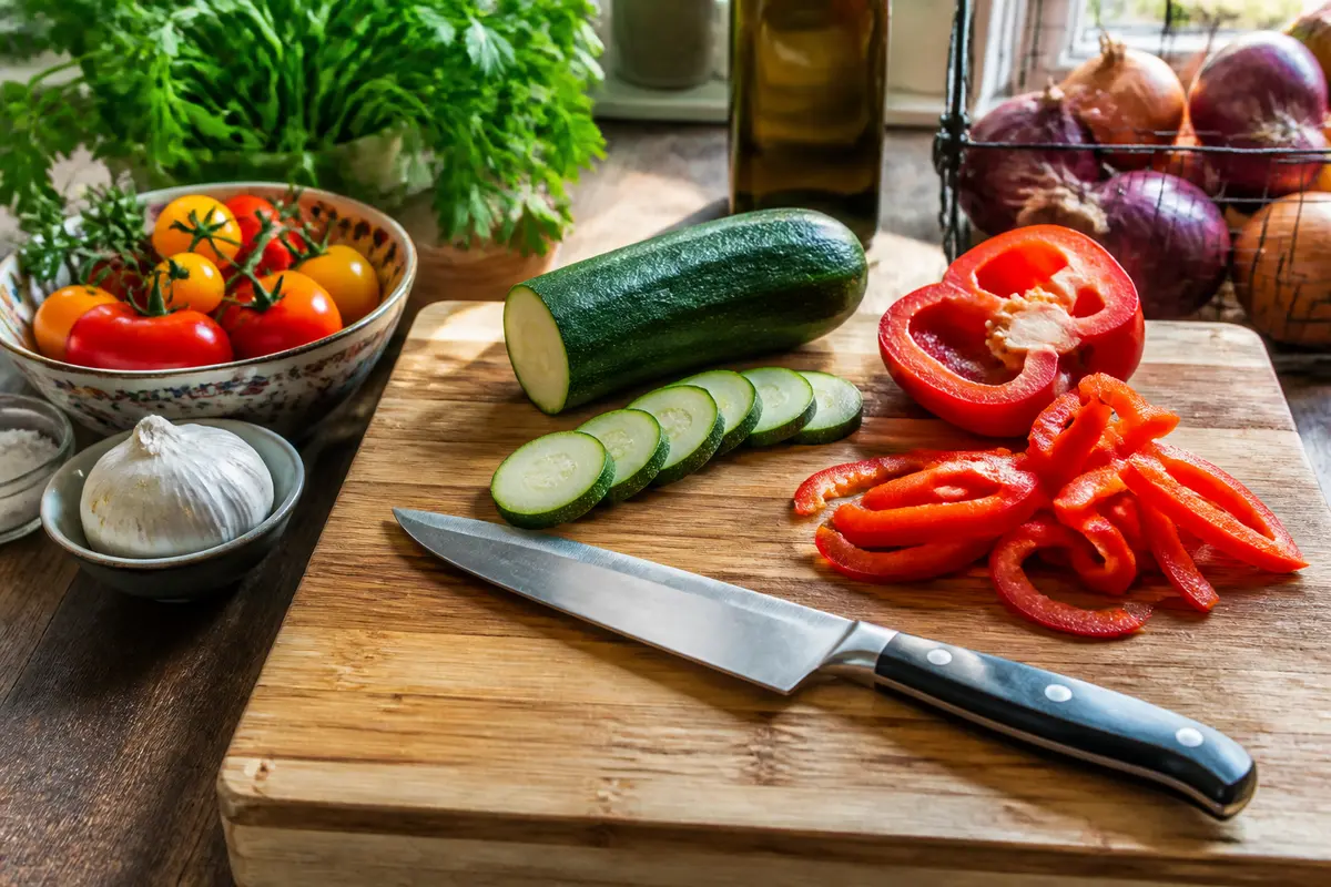 Tranches de courgette et poivron rouge sur une planche avec objet en cuisine.