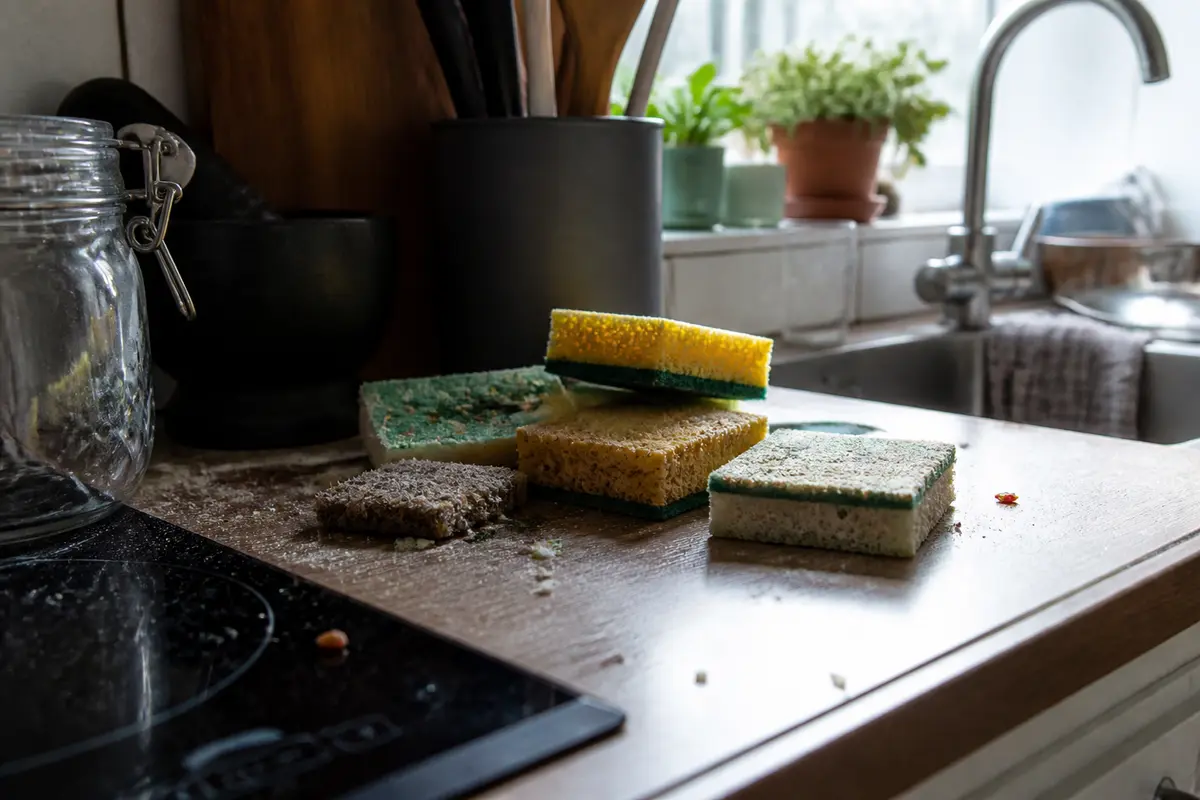 Éponges de cuisine colorées sur plan de travail avec objet en verre à gauche
