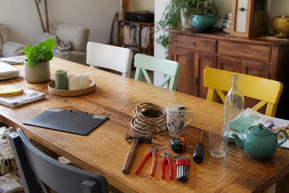 Table en bois avec outils, corde, théière et autres objets en métal variés