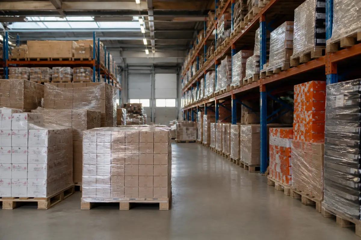 Allée de palettes contenant un stock de sécurité dans un entrepôt organisé et éclairé