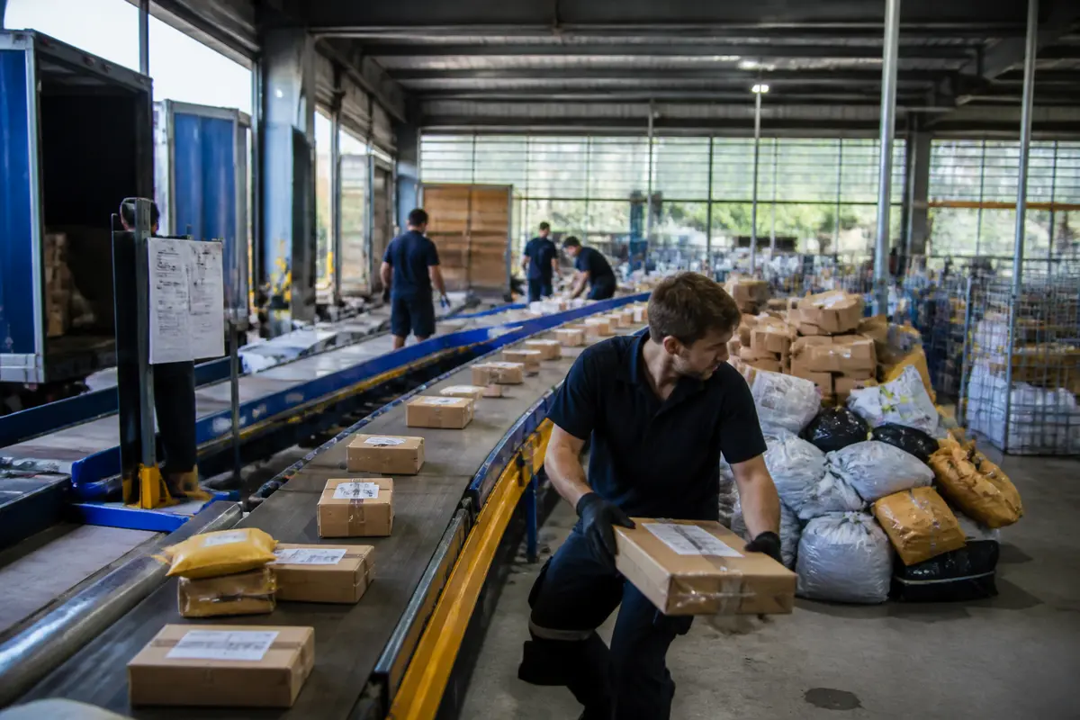 Employés manipulant des colis dans un entrepôt de services de transport et messagerie
