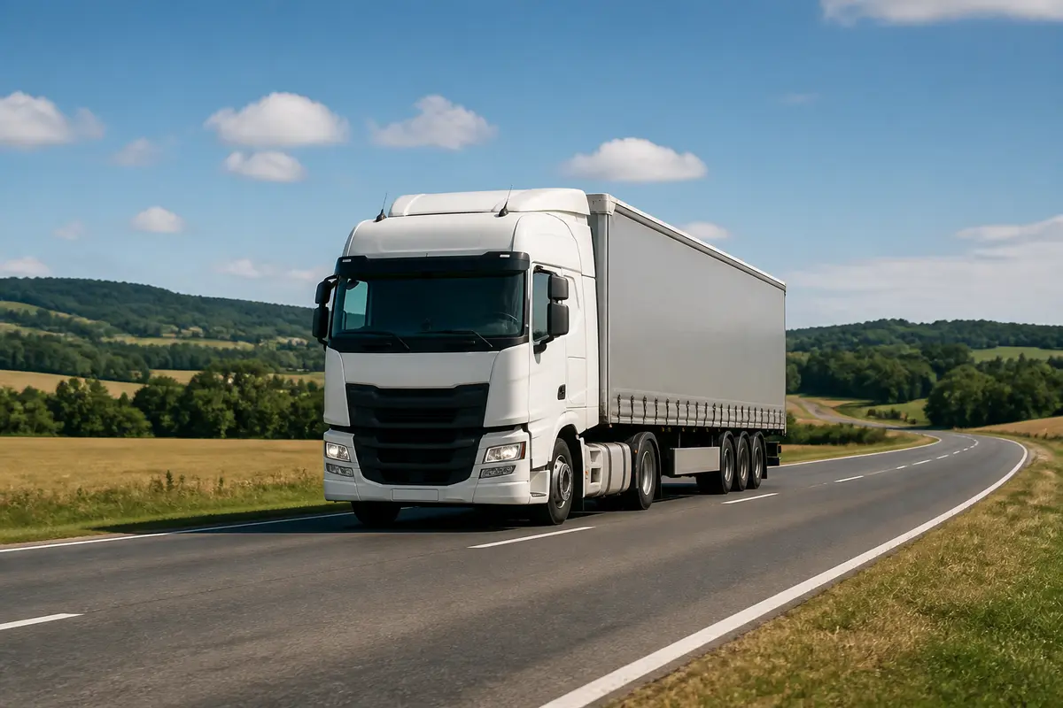 Camion de transport routier circulant sur une route de campagne ensoleillée